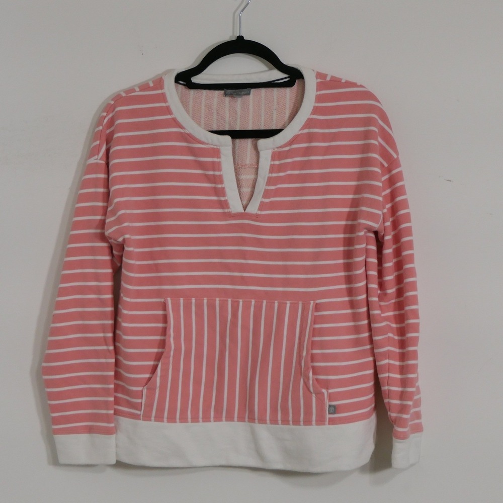 T‎ by Talbots Womens Sweatshirt M Pink White Striped Preppy Coastal Nautical